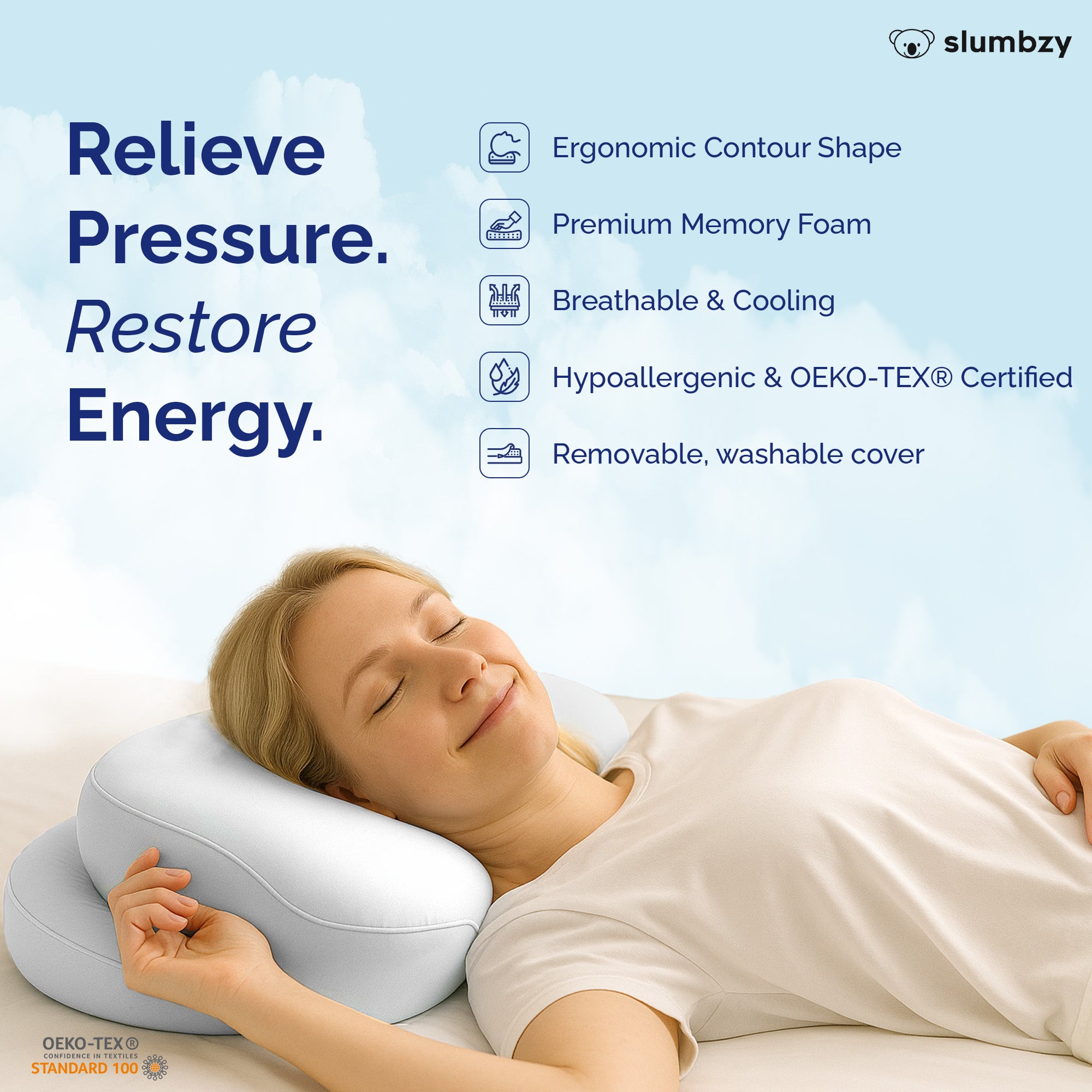 Pillow for Sore Necks | Slumbzy® Cloud Memory Foam Relief